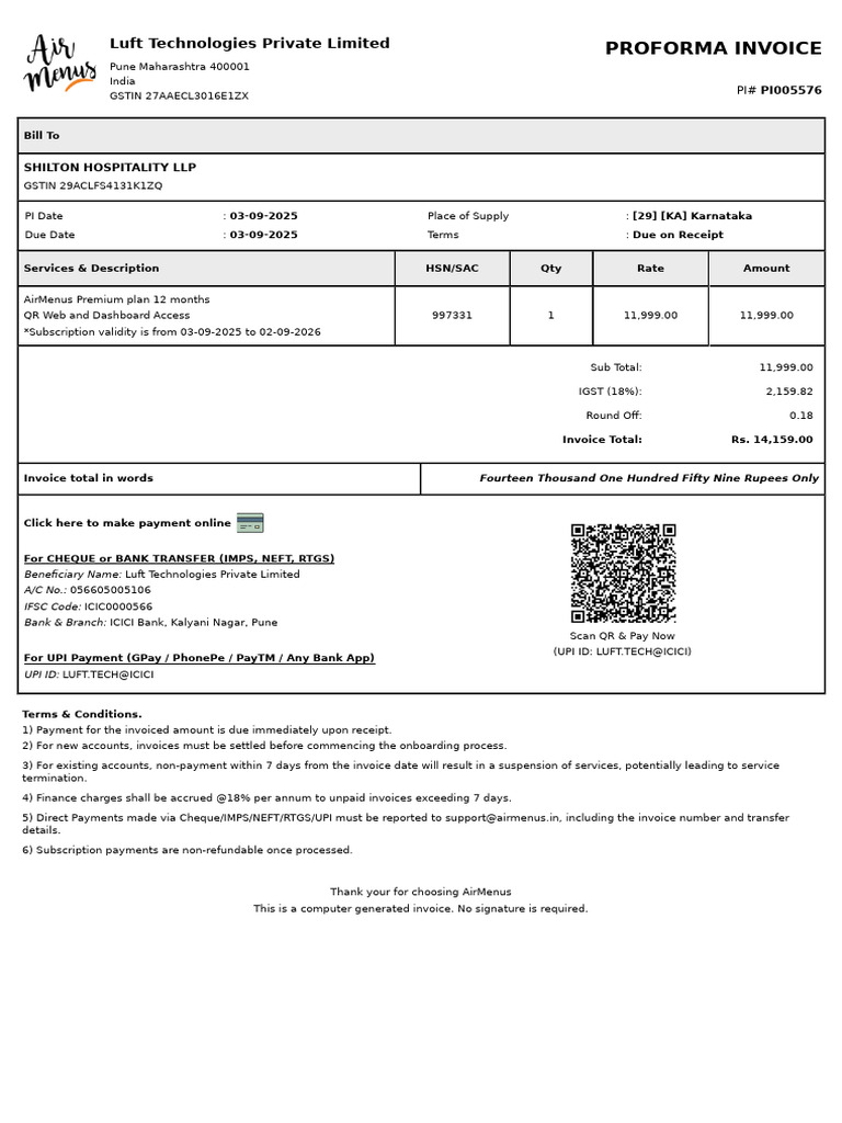 Air Menu PI-PI005576 - Invoice | PDF | Financial Technology | Finance ...