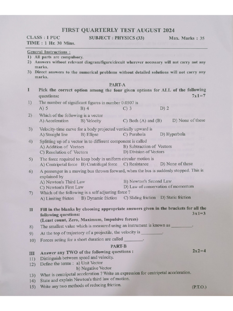 1st PU Physics Paper | PDF
