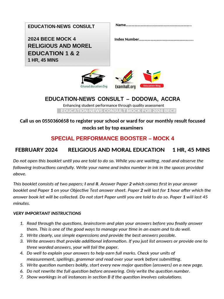 2024 BECE Mock Exam: RME Guide | PDF | Prayer | Faith