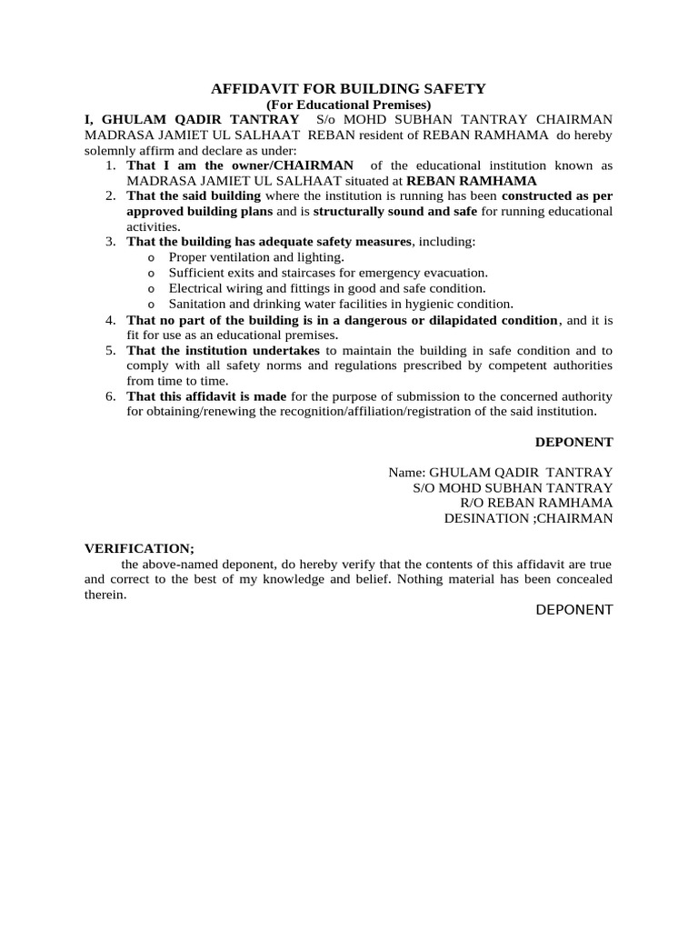 Affidavit For Building Safety | PDF