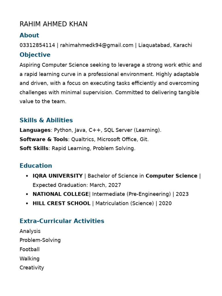 Aspiring Computer Science Graduate Resume | PDF
