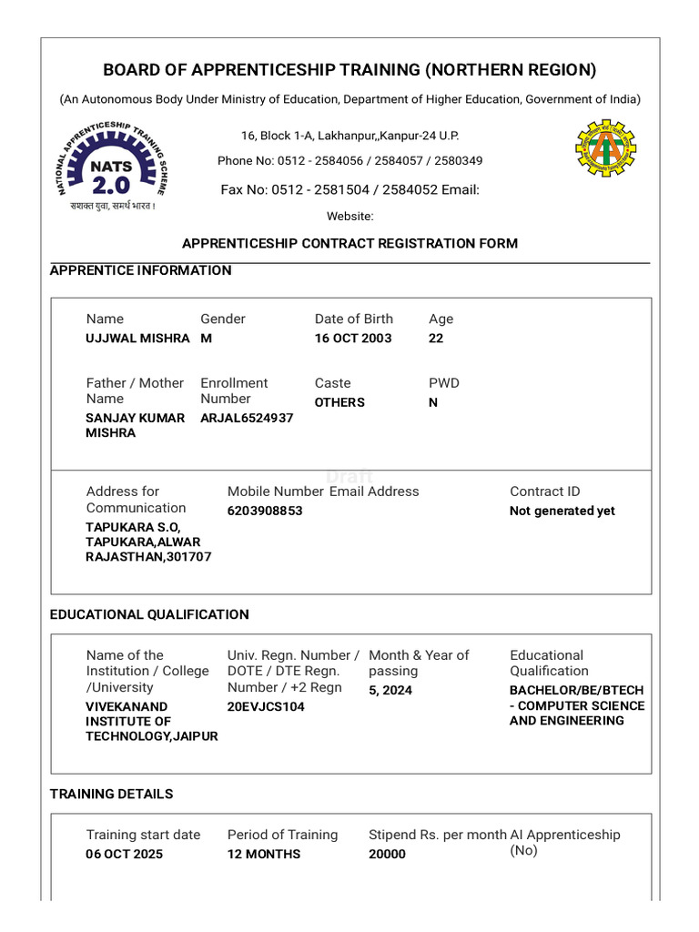 Apprenticeship Contract Registration Form | PDF