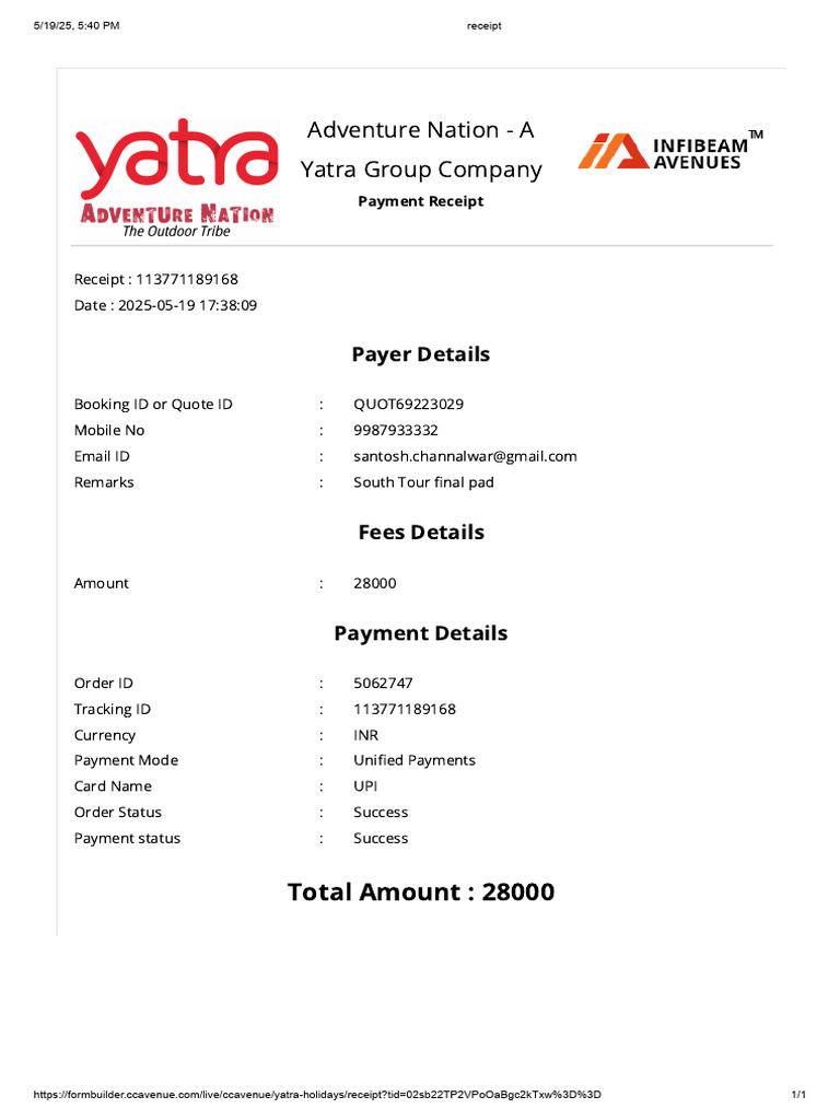 Yatra Full Paid Receipt | PDF