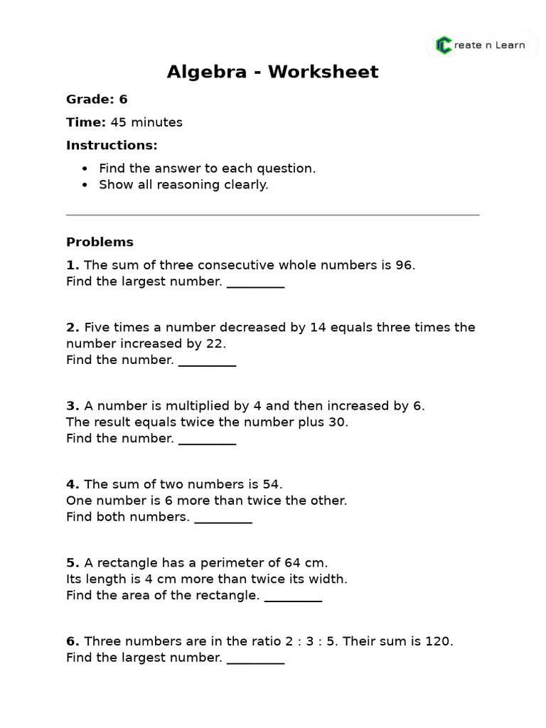 6th Grade Algebra Worksheet | PDF