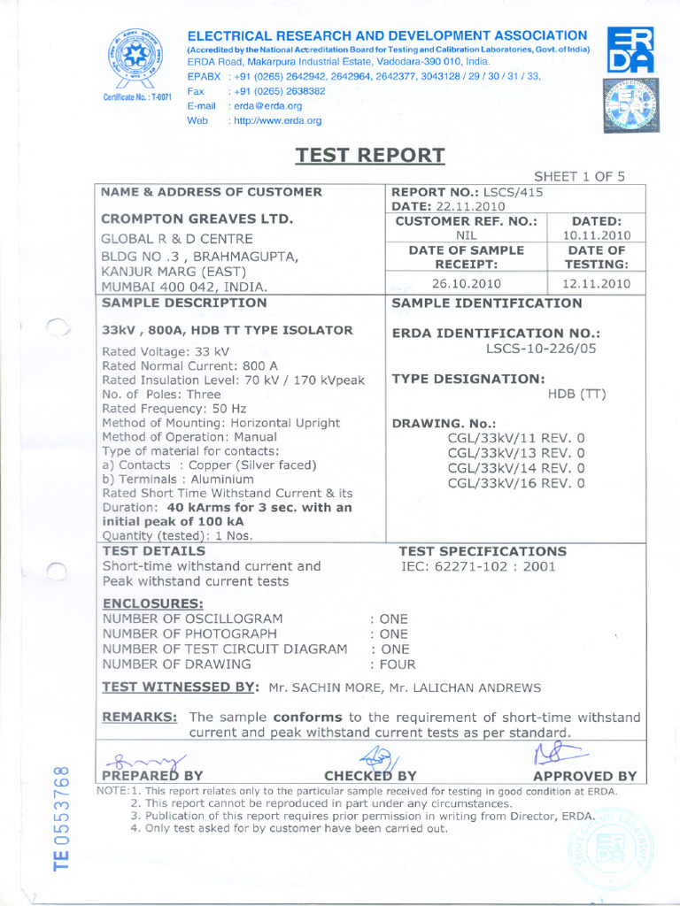 33kV 800A Isolator Test Report | PDF | Electrical Components ...