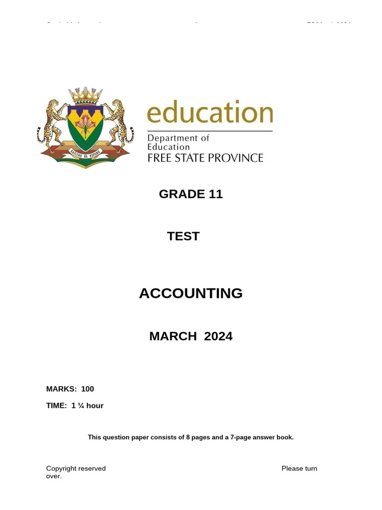 Grade 11 Accounting Test March 2024 | PDF | Depreciation | Debits And ...