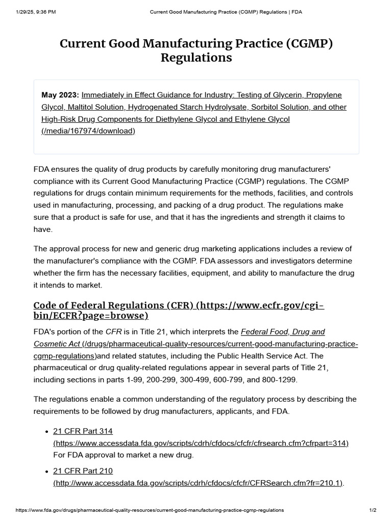 CGMP Regulations for Drug Manufacturing | PDF | Food And Drug ...