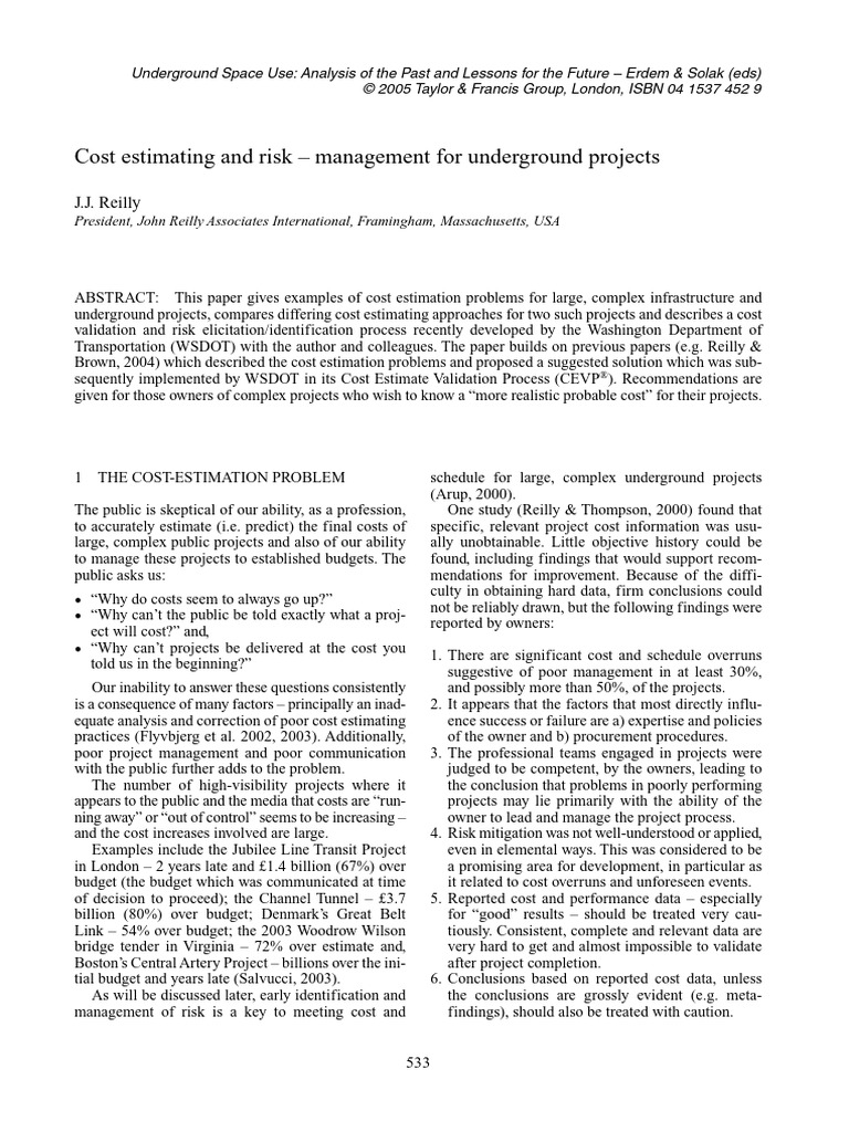 Cost Estimating and Risk - Management For Underground Projects | PDF ...