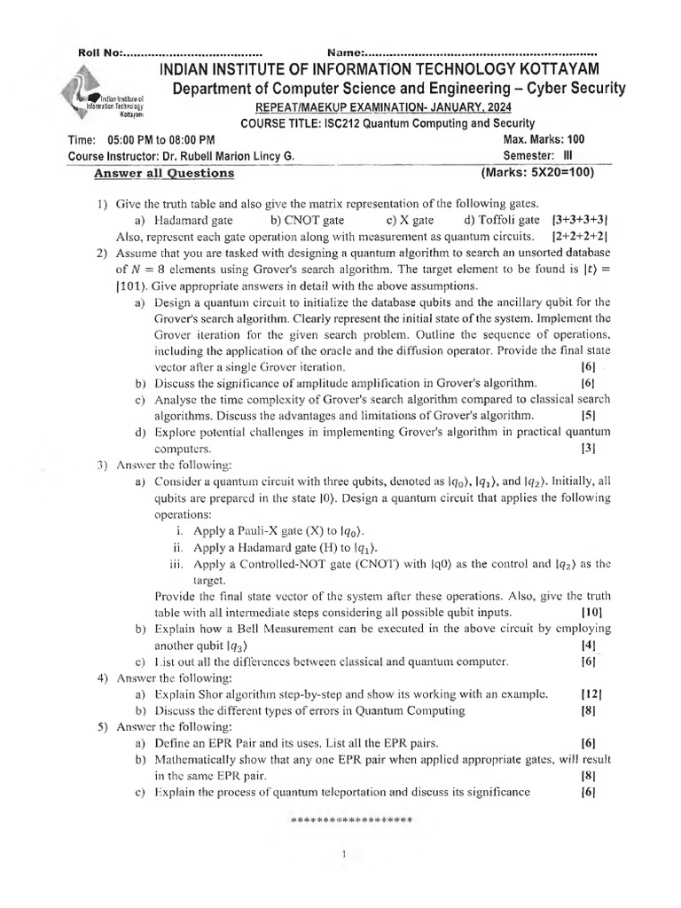 Repeat Examination Jan 2024 - IsC212 Quantum Computing and Security ...
