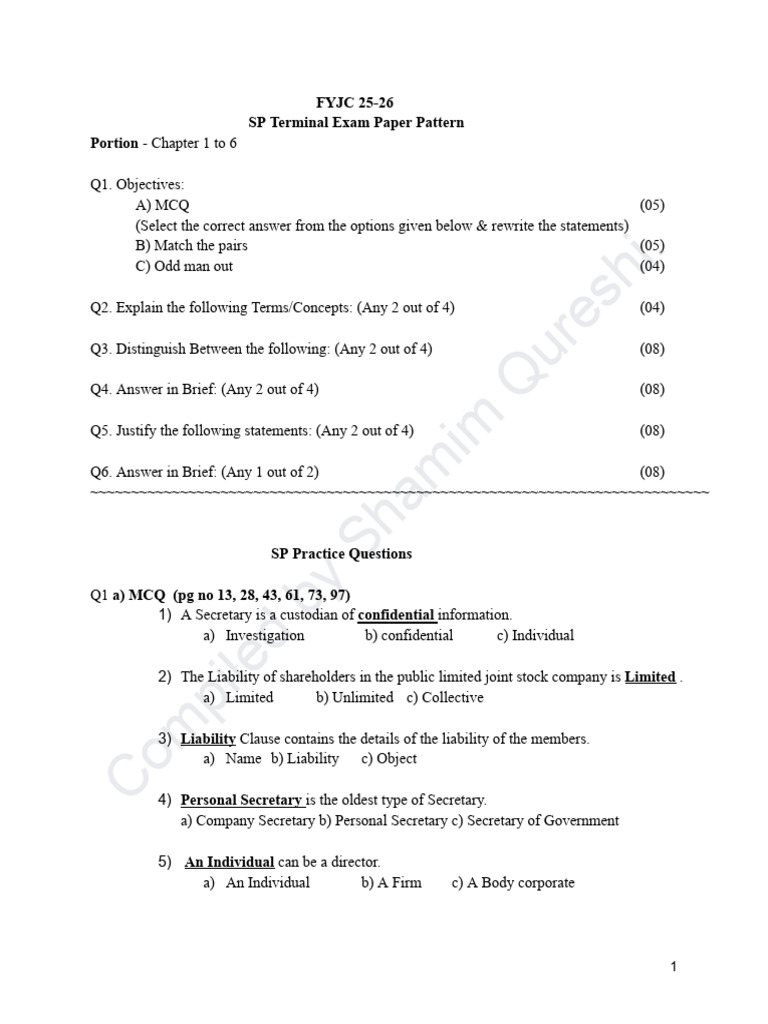 FYJC 25-26 SP Terminal Exam Paper Pattern | PDF | Corporations ...