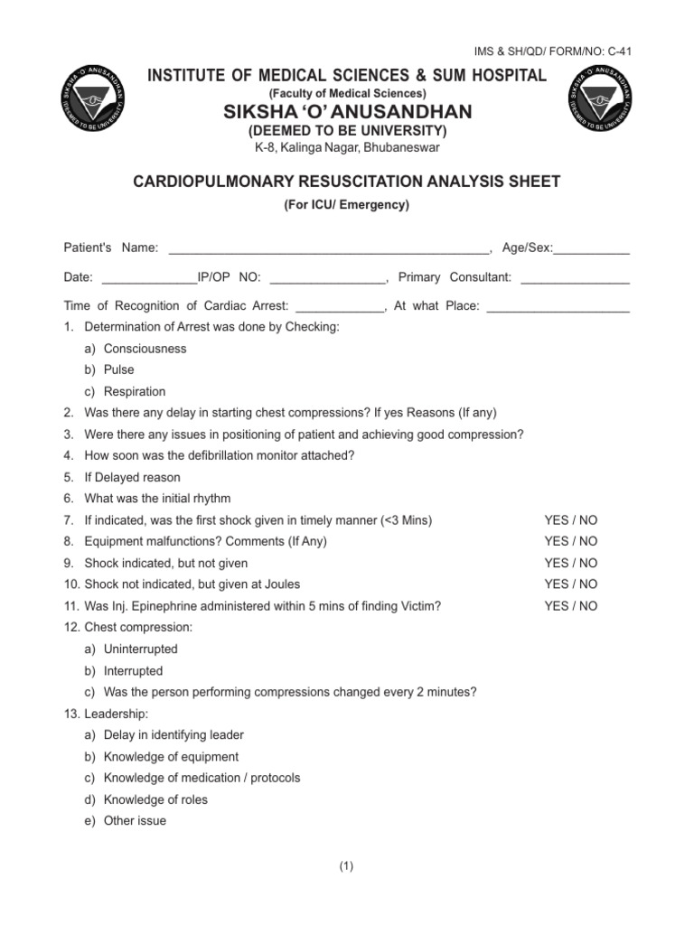 CPR Analysis Sheet for ICU/Emergency | PDF | Cardiopulmonary ...