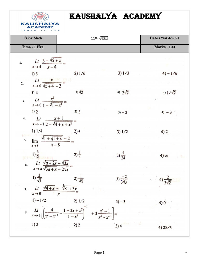 11th Grade JEE Math Exam Paper | PDF