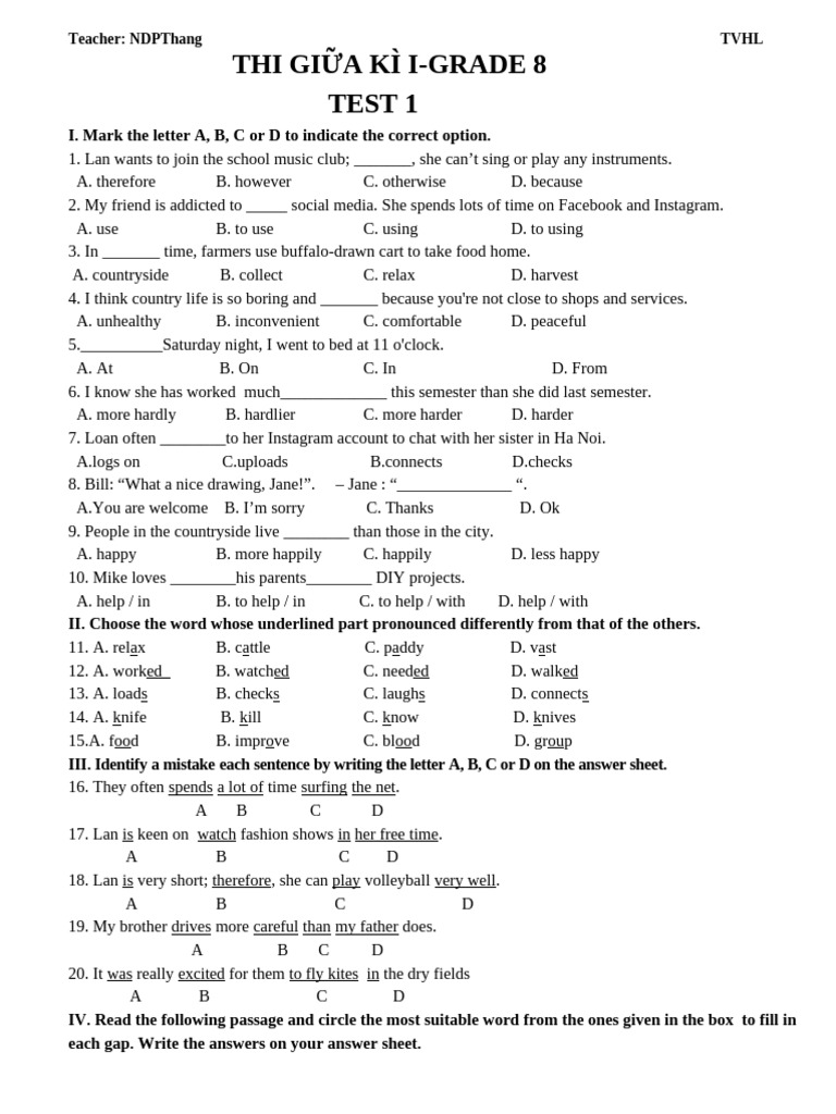 Grade 8 Midterm English Test 1 | PDF