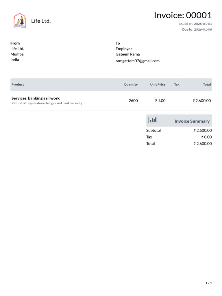Invoice for Refund from Life Ltd. | PDF