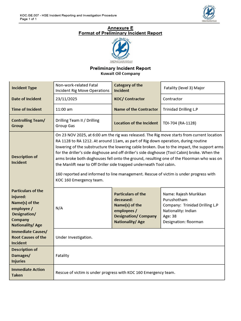 HSE Incident Report: Fatal Rig Move Accident | PDF | Petroleum Industry