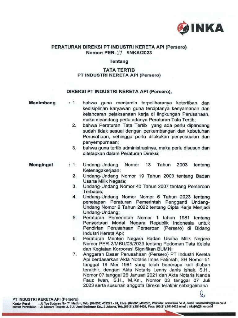 Per 17 Inka 2023 Tentang Tata Tertib PT Inka | PDF