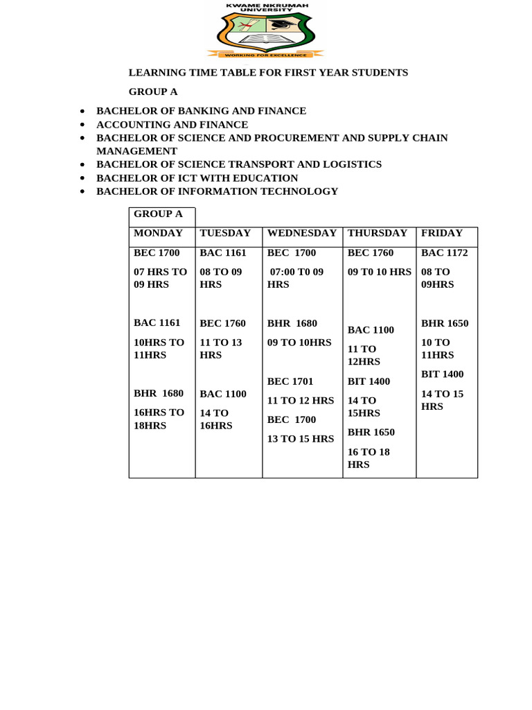 First Year Students' Learning Timetable | PDF | Economies