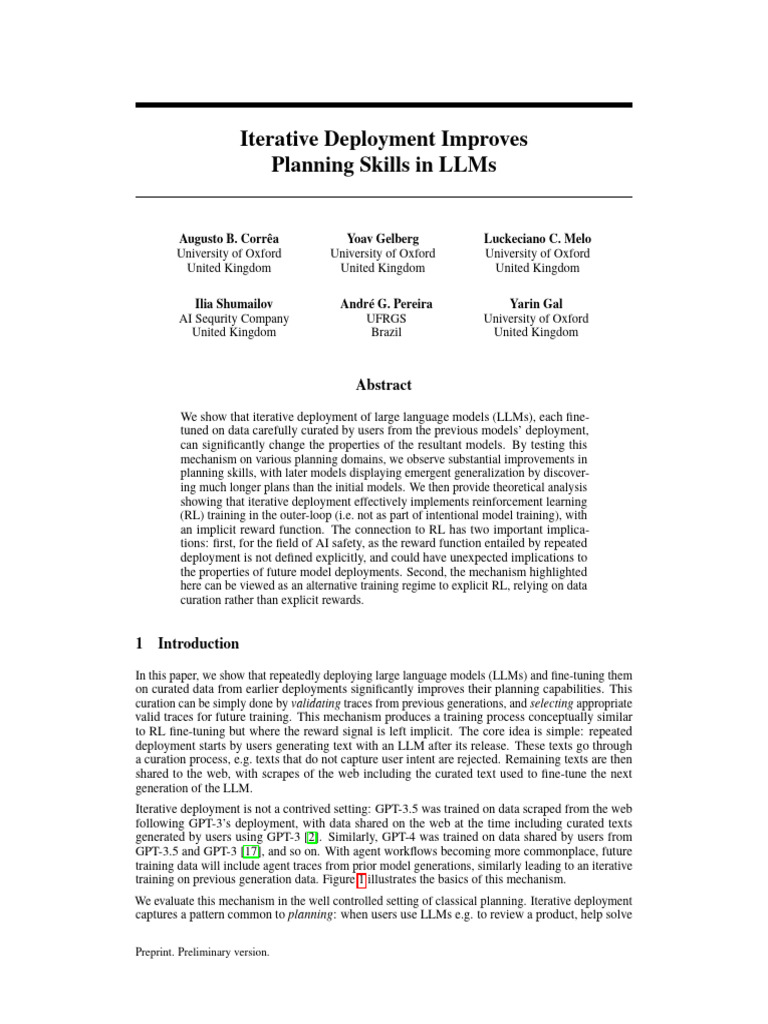 Iterative Deployment Enhances LLM Planning | PDF | Cognitive Science ...