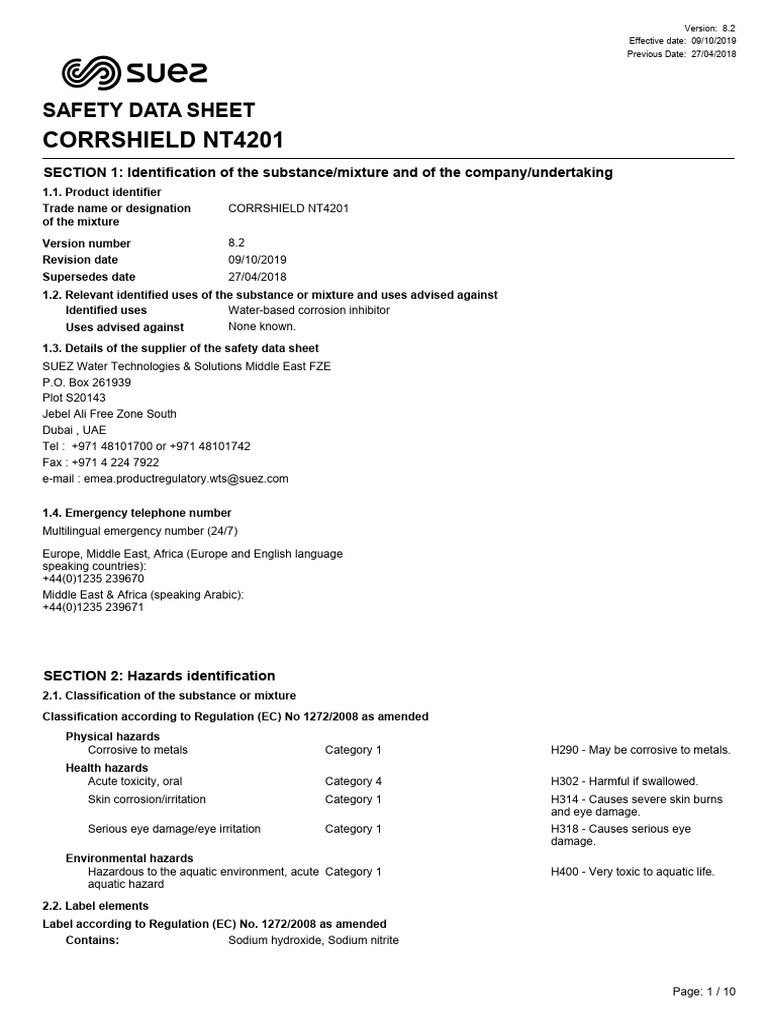 Safety Data Sheet for CORRSHIELD NT4201 | PDF | Dangerous Goods | Toxicity
