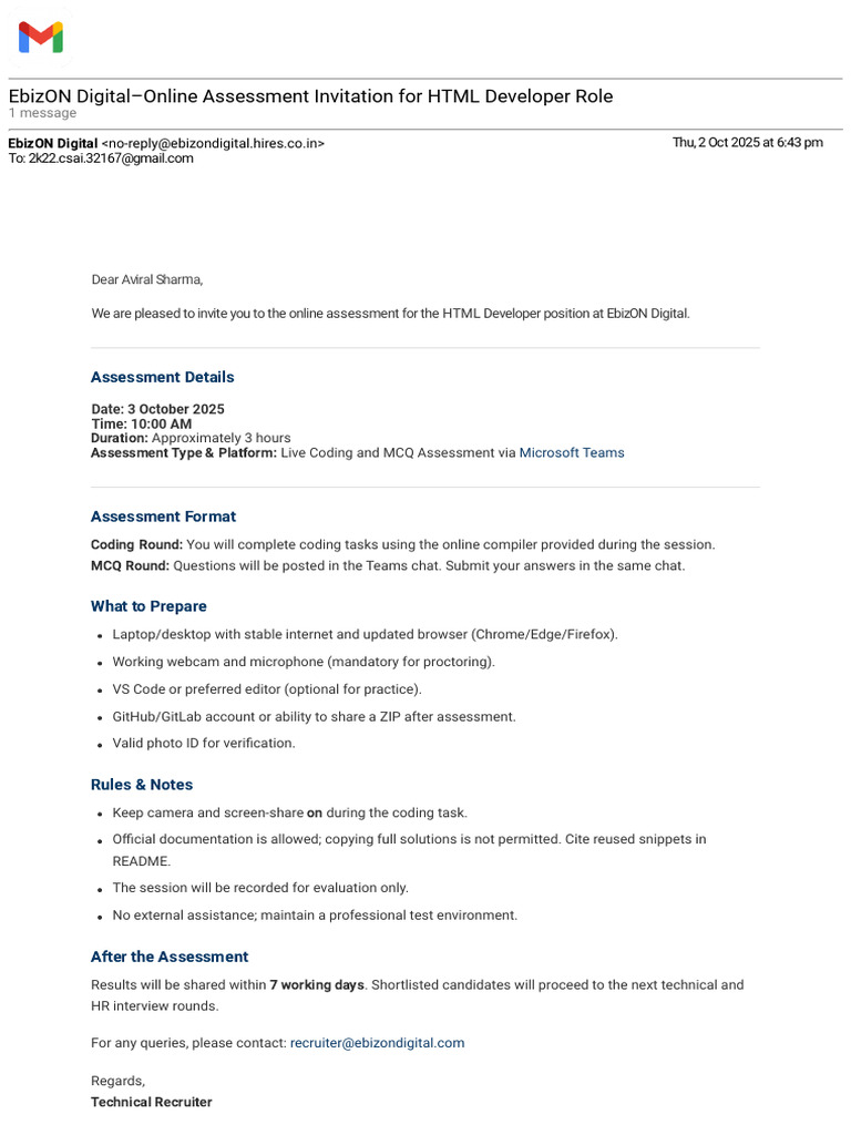 Gmail - EbizON Digital - Online Assessment Invitation For HTML ...