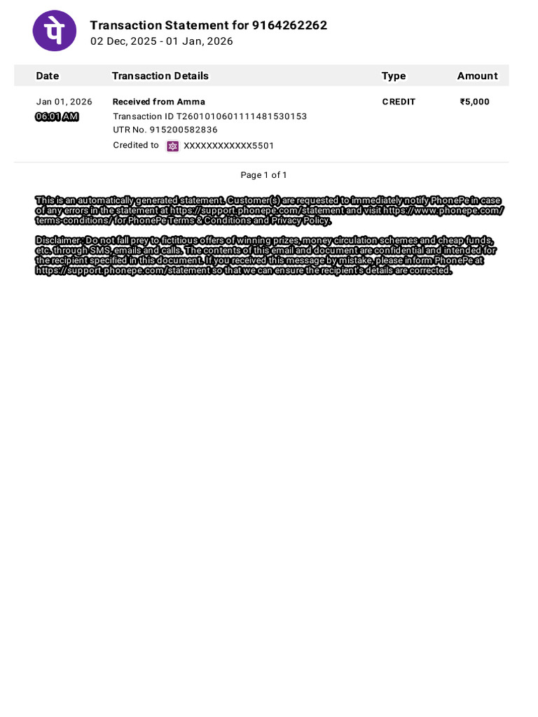 Transaction Statement for 9164262262 | PDF