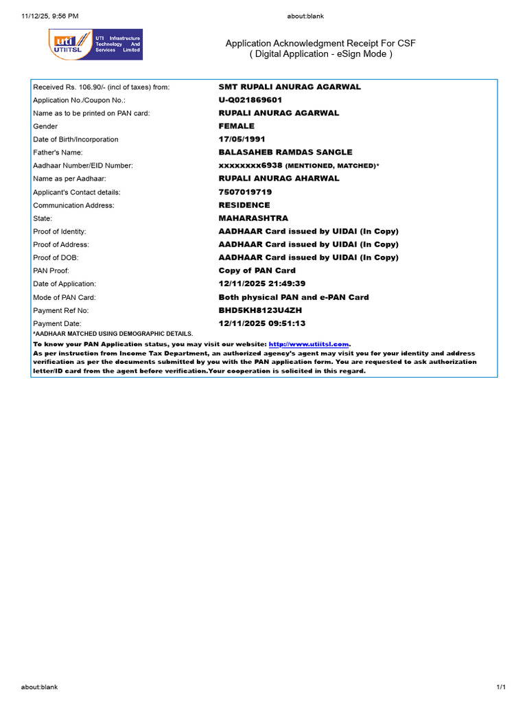 PAN Application Acknowledgment Receipt | PDF