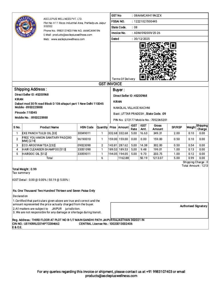 Asclepius Wellness GST Invoice Details | PDF | Government | Payments