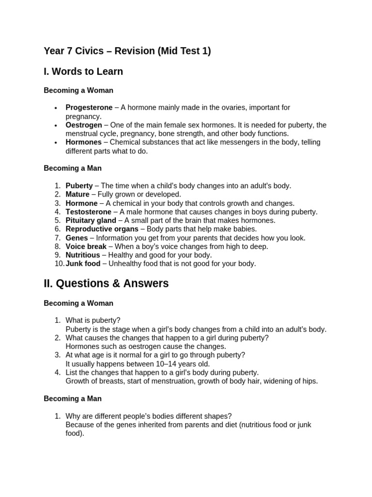Mid Test 1 Revision (4) | PDF | Puberty | Menstrual Cycle