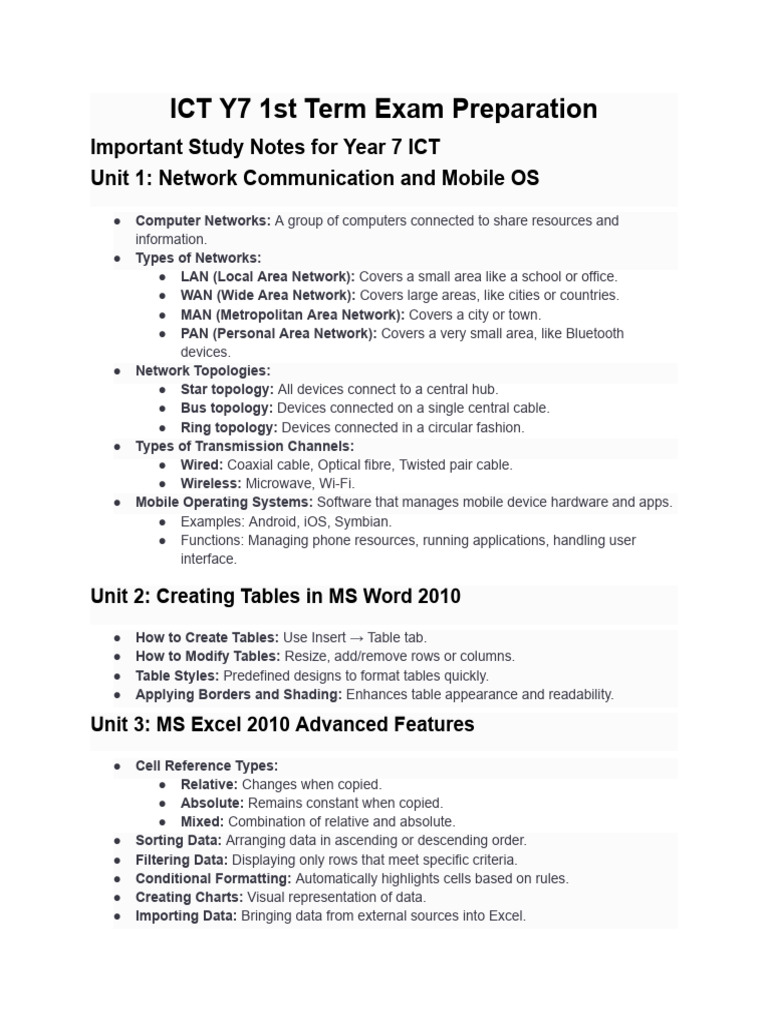 ICT Y7 1st Term Exam Preparation | PDF | Computer Network | Microsoft Excel