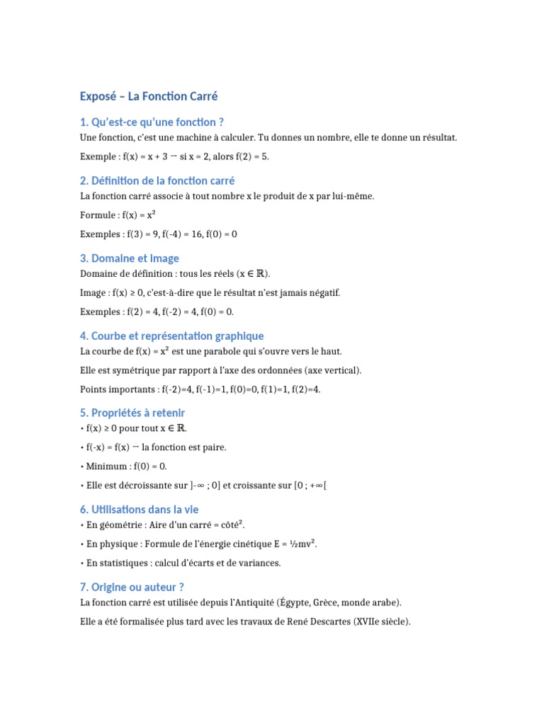 Comprendre la Fonction Carré en Mathématiques | PDF