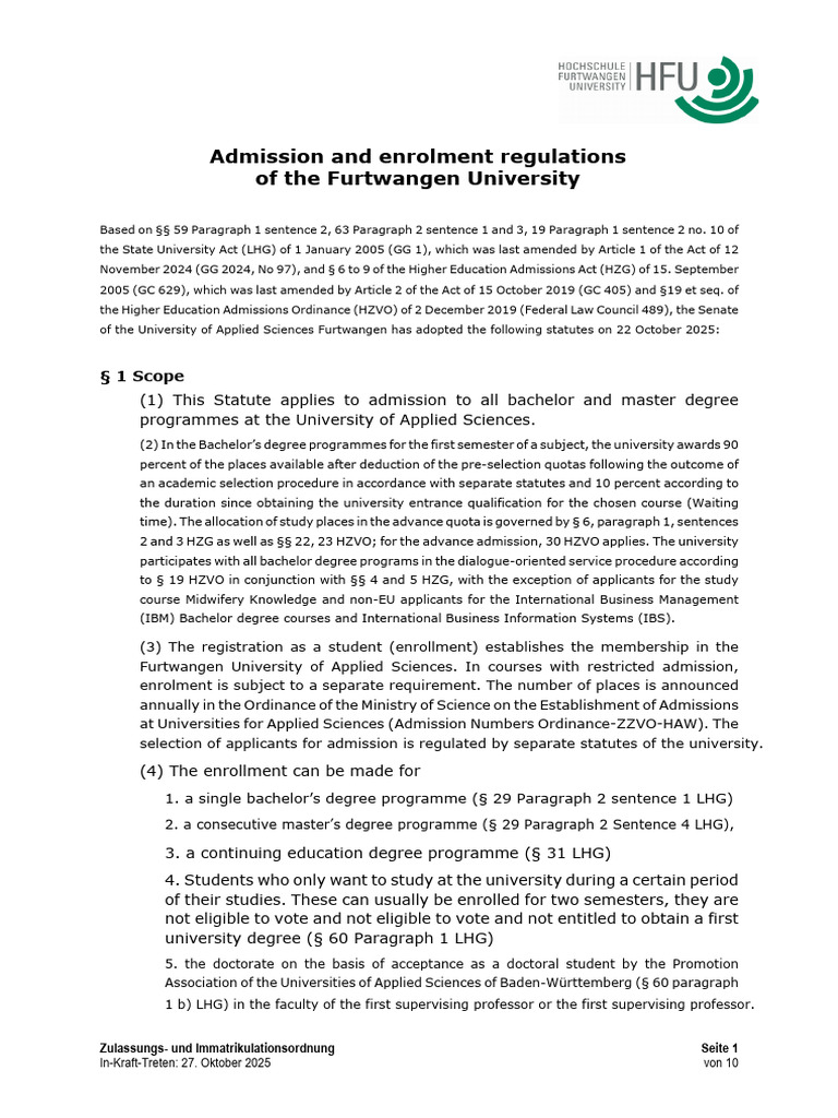 Furtwangen University Admission Regulations | PDF | Academic Degree ...