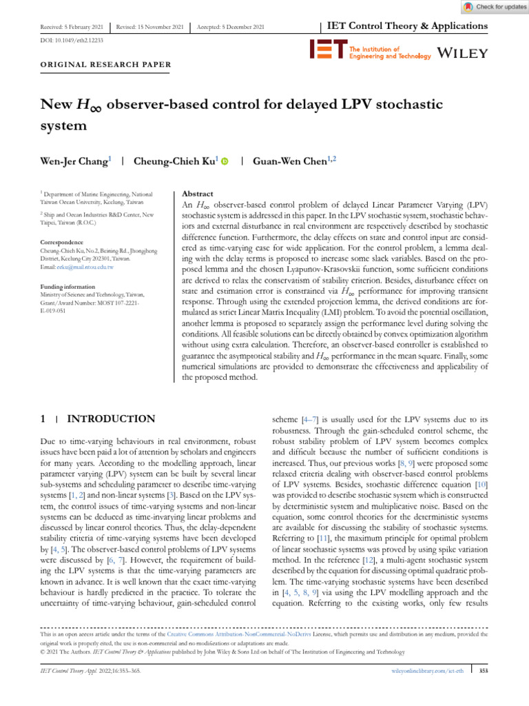 H∞ Observer Control for Delayed LPV Systems | PDF | Mathematical ...