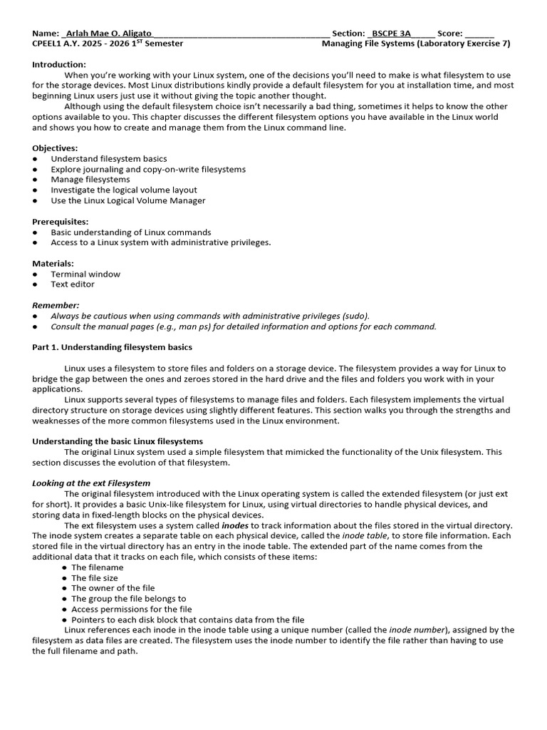 Cpeel1 Lab 7 Managing Filesystems ALIGATO | PDF | File System ...