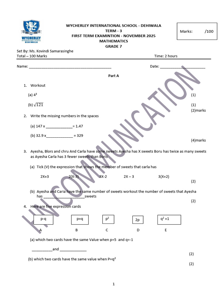 Grade 7 Mathematics Exam - November 2025 | PDF | Angle | Rectangle