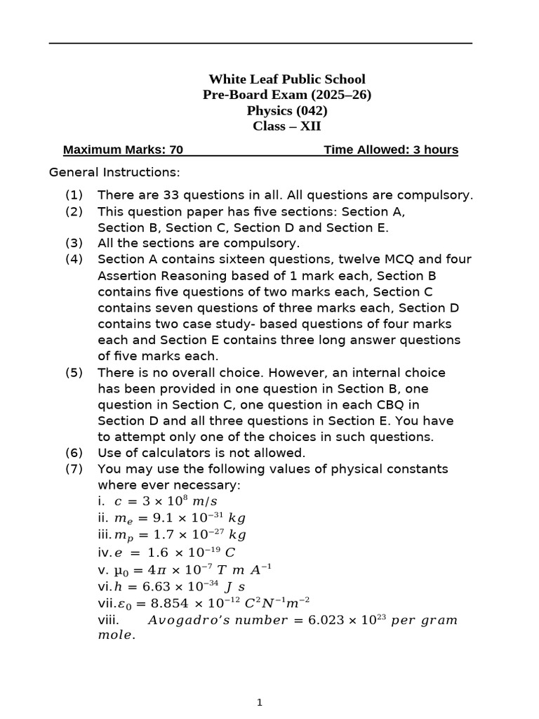 Class XII Physics Pre-Board Exam 2025-26 | PDF | Capacitor | Capacitance