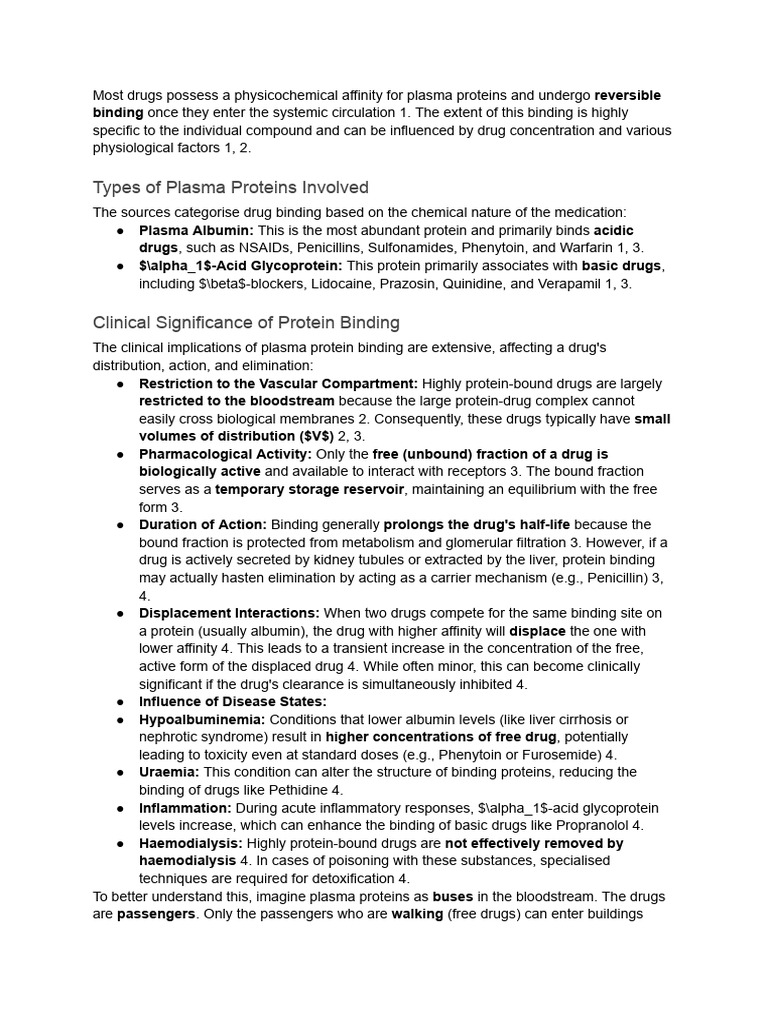 Drug Binding to Plasma Proteins Explained | PDF | Biochemistry | Chemistry
