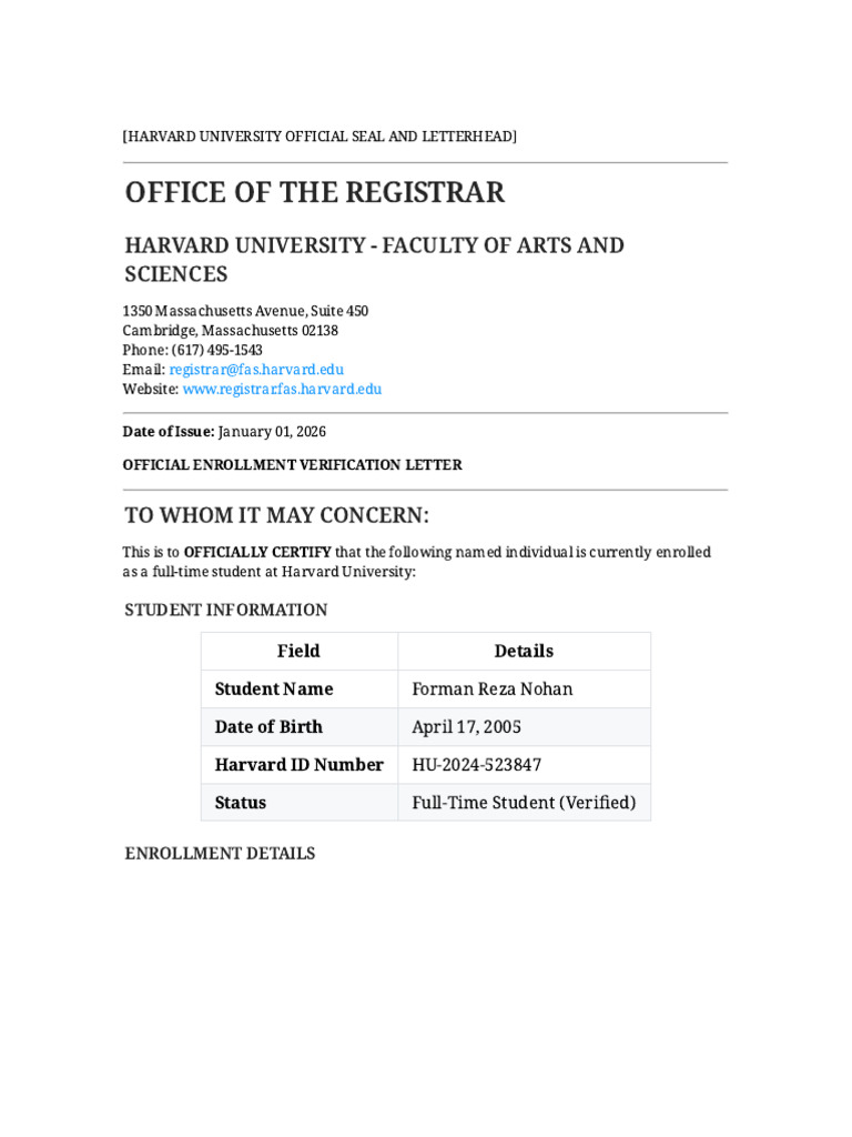 Harvard Enrollment Verification Letter | PDF | Harvard University