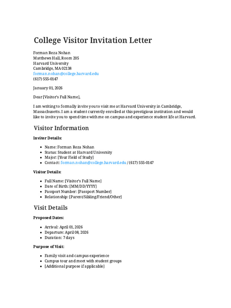 Harvard Campus Visit Invitation Letter | PDF | Travel Visa | Government ...