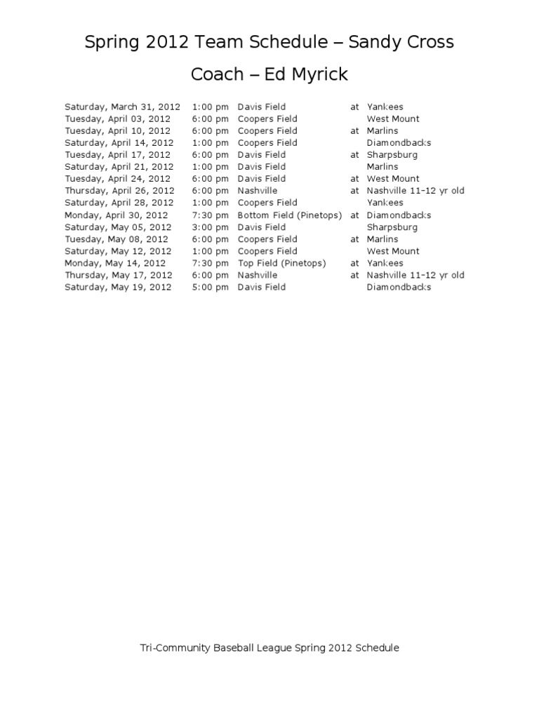 Little League Schedule PDF Major League Baseball Teams Major League Baseball Seasons