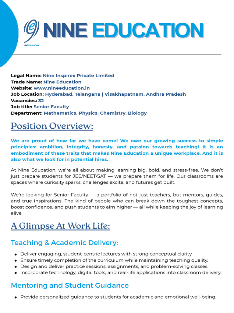 Senior Faculty Jobs at Nine Education | PDF | Mentorship | Learning