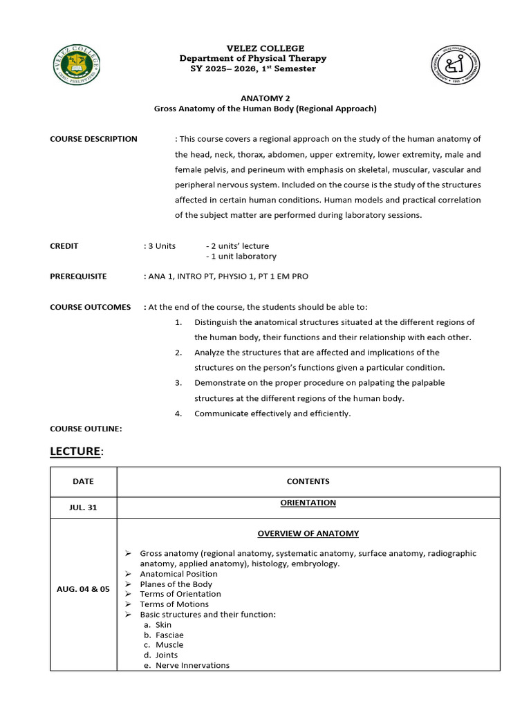 Anatomy 2 Course Overview and Outline | PDF | Pelvis | Abdomen