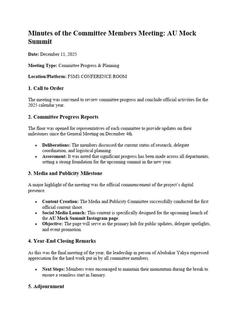 AU Mock Summit Committee Meeting Minutes | PDF