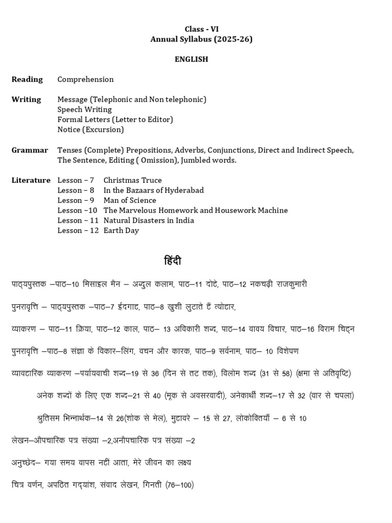 Class VI Annual Syllabus 2025-26 | PDF | Linguistic Typology ...