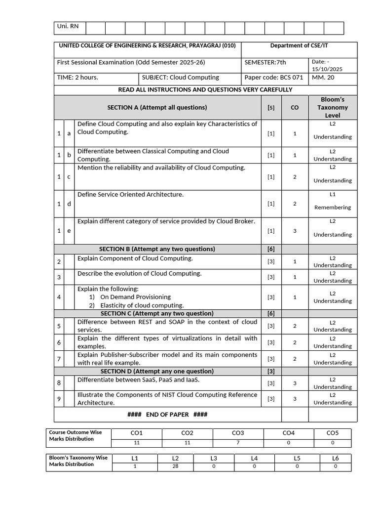 Cloud Computing Exam Paper 2025-26 | PDF | Cloud Computing | Computer ...