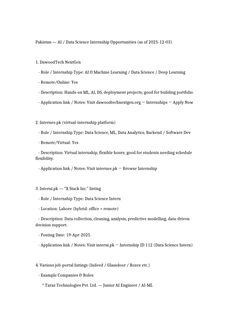 AI & Data Science Internships in Pakistan | PDF