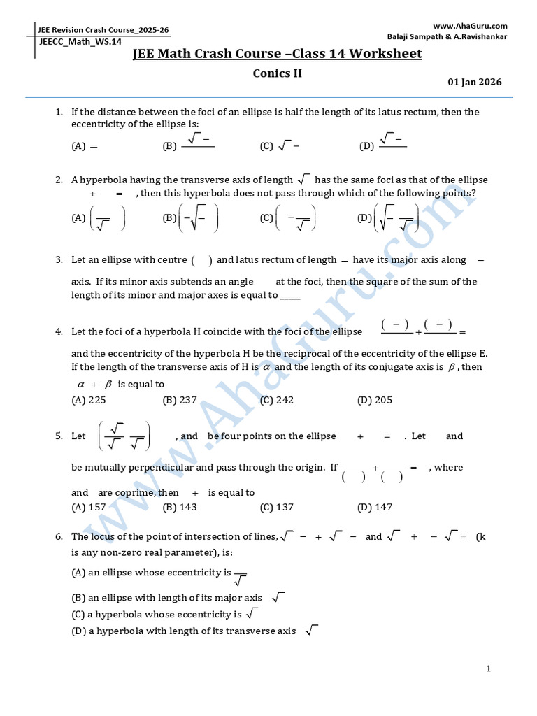 JEE Math Conics Worksheet 2025-26 | PDF | Ellipse | Euclid