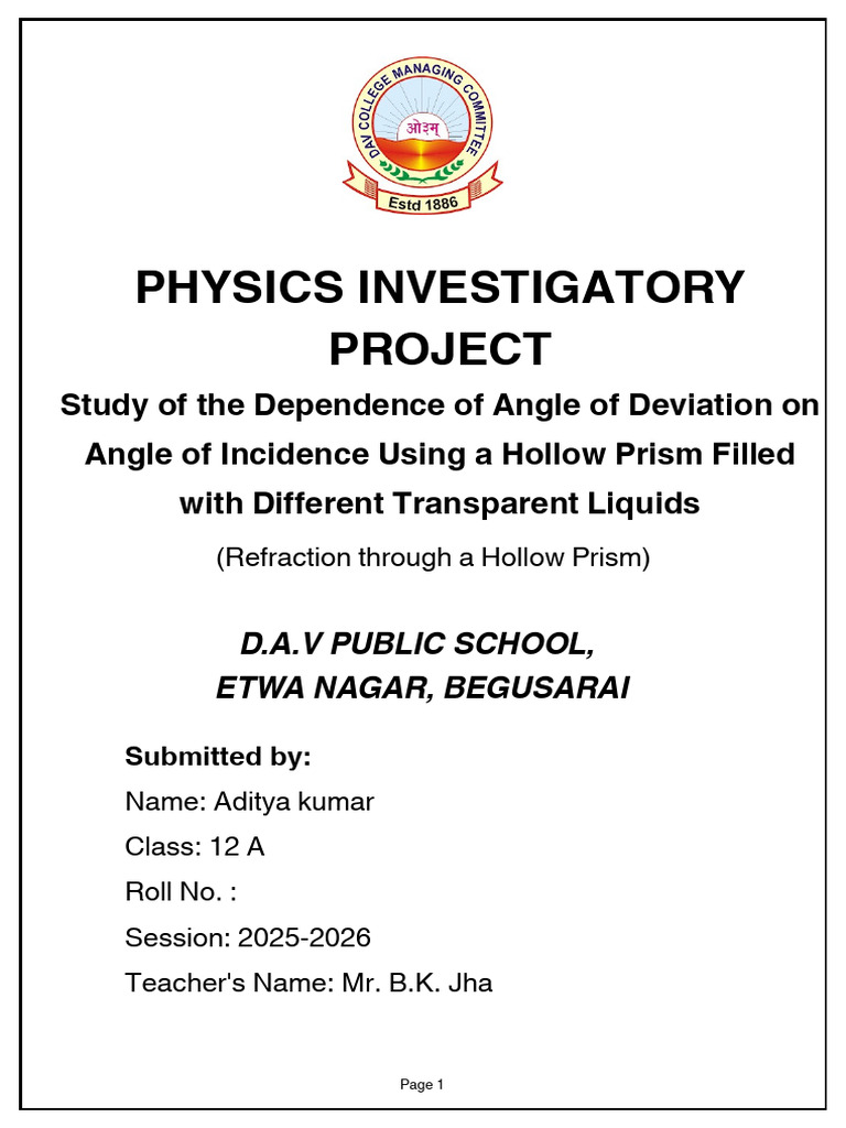 Physics Investigatory Project | PDF | Refraction | Refractive Index