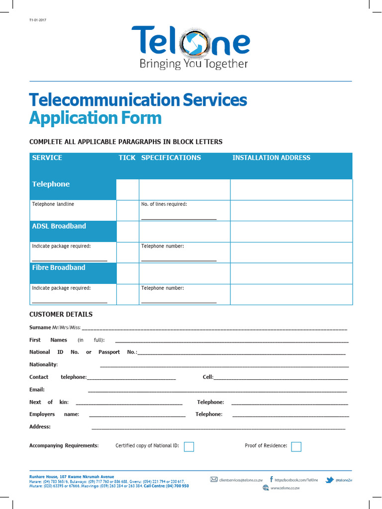 Telecommunication Services Application Form | PDF | Banks | Modem