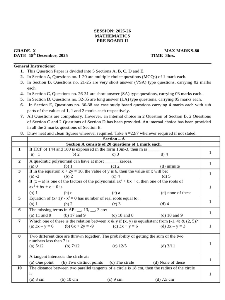 Grade X Mathematics Pre Board II 2025-26 | PDF | Circle | Angle