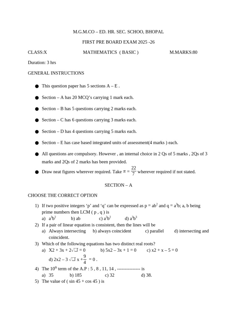 Class X Mathematics Pre-Board Exam 2025-26 | PDF | Sphere ...